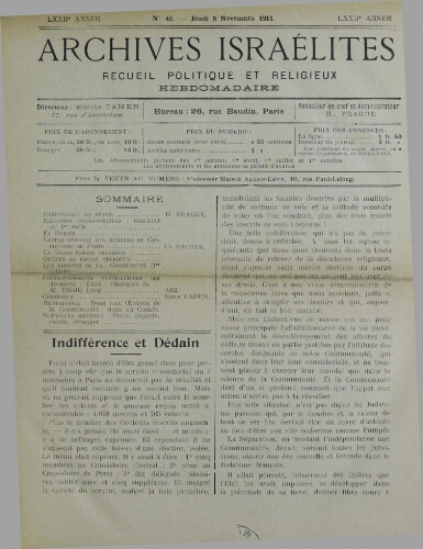 Archives israélites de France. Vol.72 N°45 (09 nov. 1911)